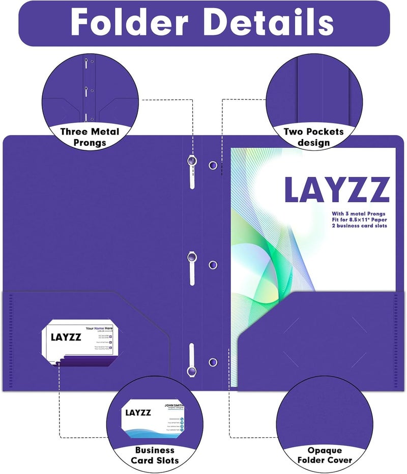 LAYZZ Plastic 2 Pocket Folders with Prongs, 30 Pack, Heavyweight, Letter Size Poly Folders with 3 Metal Prongs Fastener Clips (Purple) - Image 3